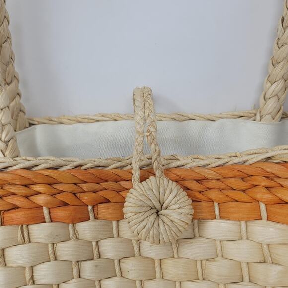 J. Crew Tote Bag Orange Natural Stripe Woven Raffia Straw Beach Market Vacation - Picture 3 of 7